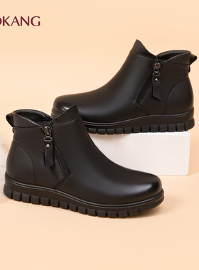 奥康 女鞋妈妈棉鞋中老年平底女靴真皮软底靴子加绒加厚保暖短靴N