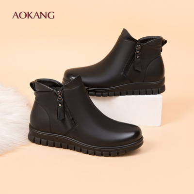 奥康 女鞋妈妈棉鞋中老年平底女靴真皮软底靴子加绒加厚保暖短靴N