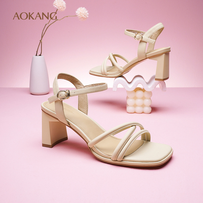 奥康简约一字带露趾凉鞋