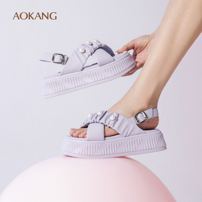 奥康松糕底珍珠配裙子时装凉鞋