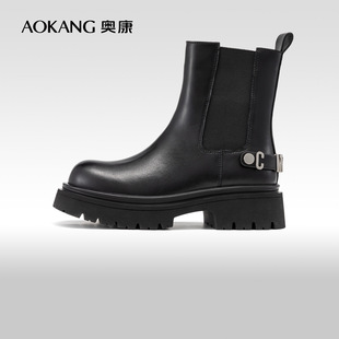 奥康女鞋冬季新款英伦复古切尔西靴便捷套筒时装靴厚底增高瘦瘦靴