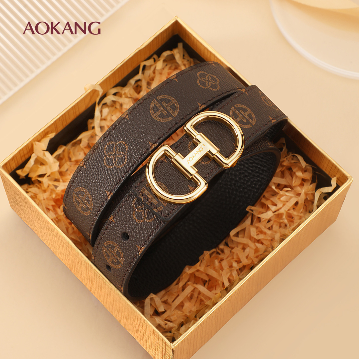 奥康真皮皮带女士时尚潮2026新款配牛仔裤百搭裤带头层牛皮腰带J