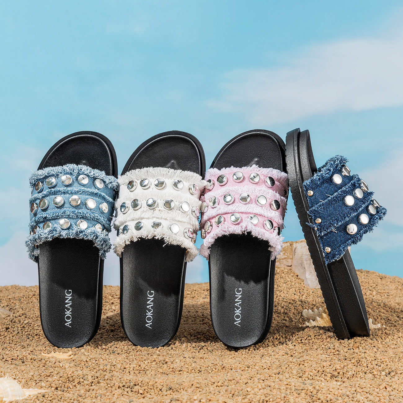 【铆钉拖鞋】奥康女鞋2024夏季新款牛仔时尚凉拖鞋舒适厚底休闲鞋,女鞋,一字拖,淘宝优惠券,粉丝福利购,淘宝优惠卷