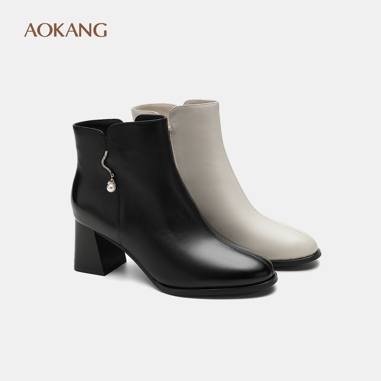 奥康 女鞋冬季真皮漆面气质短靴尖头粗跟时装靴门店发货