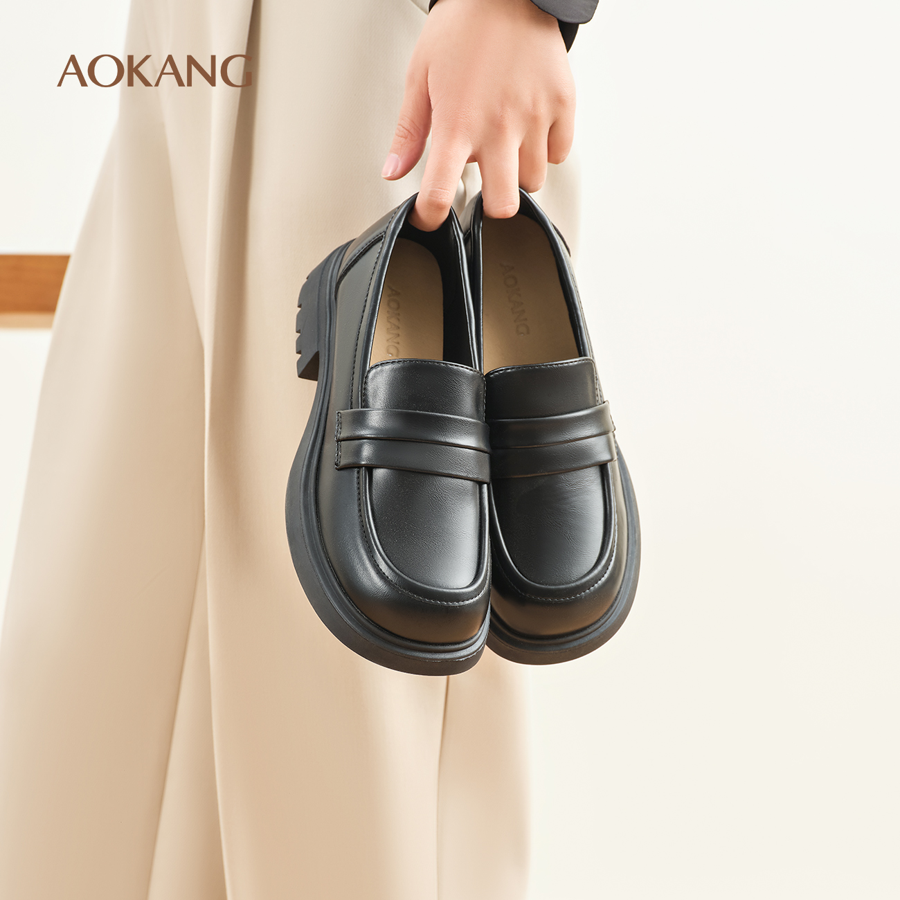 奥康 女鞋2025春秋新品乐福鞋厚底增高英伦风小皮鞋单鞋