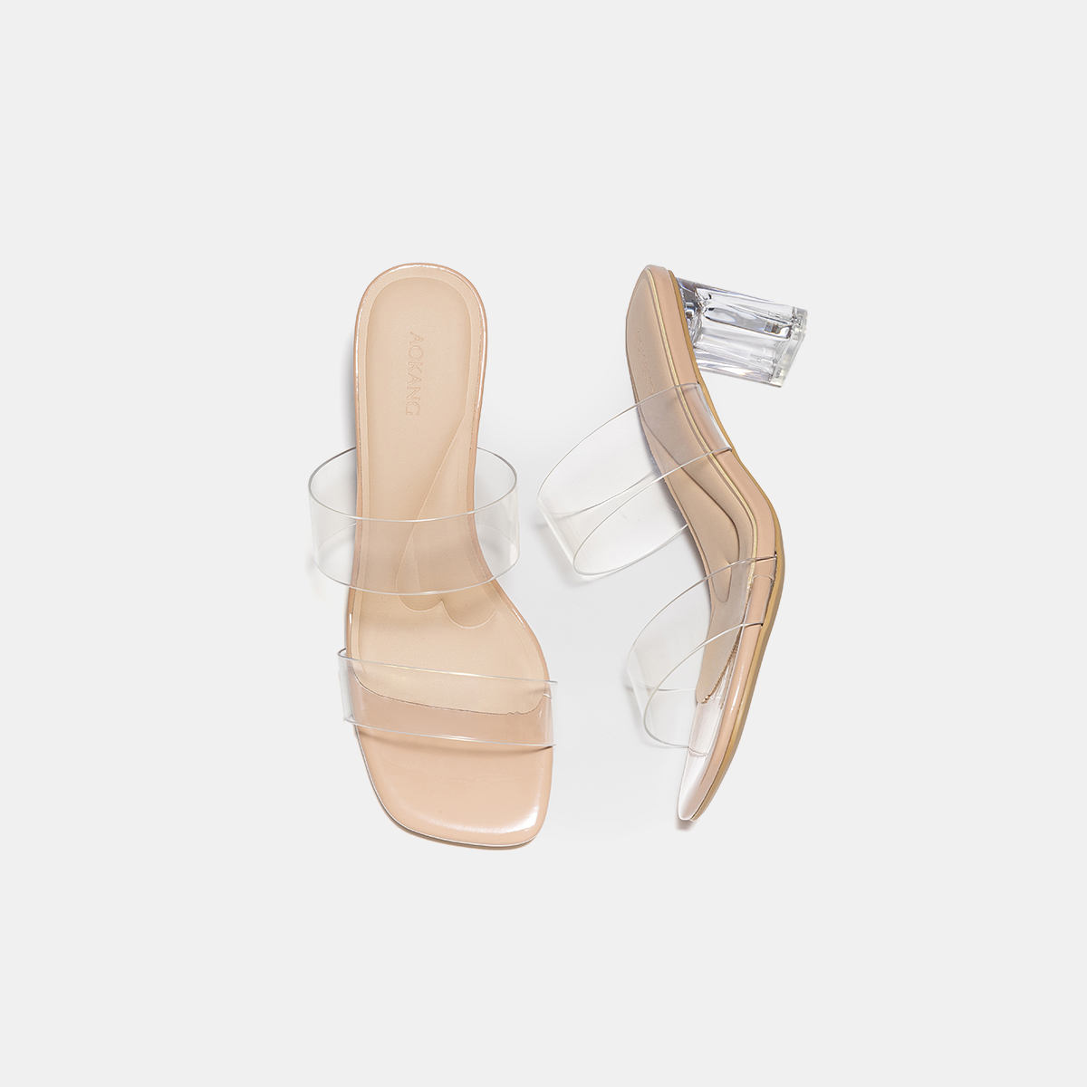 奥康夏季透明法式水晶高跟拖