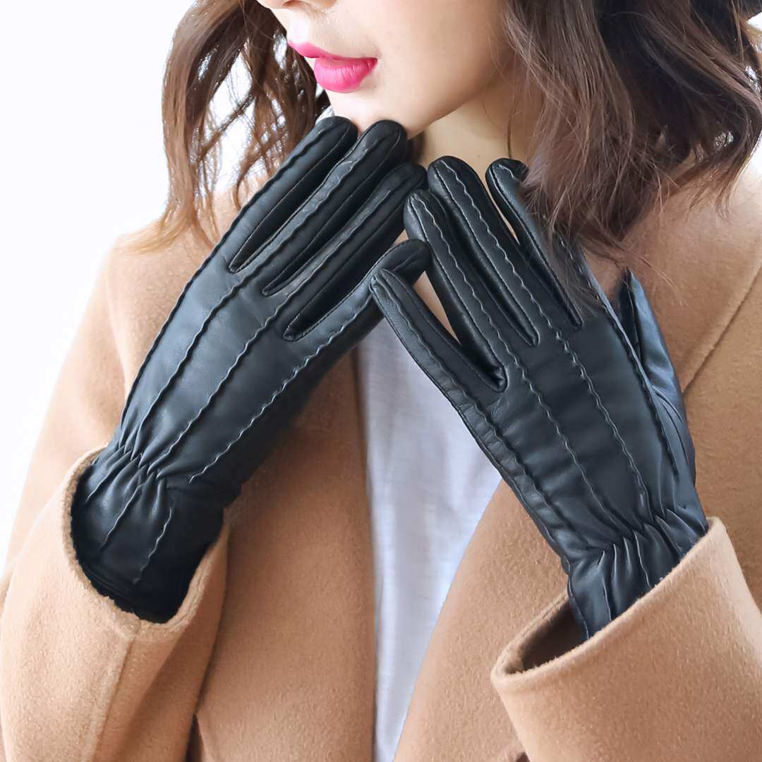生活清单2024秋冬女士真皮黑色手缝羊皮手套加绒加厚冬季女款触屏