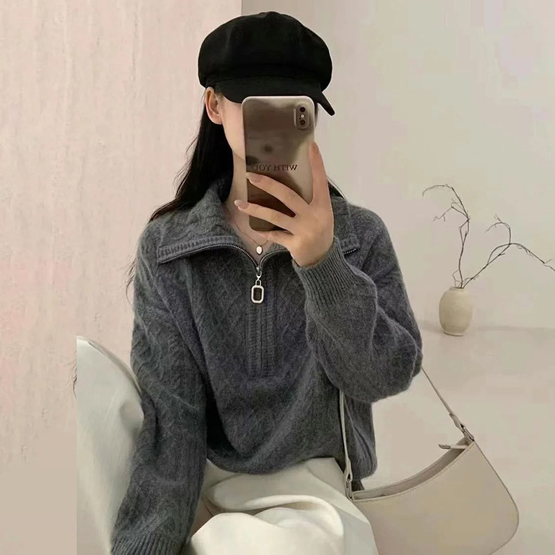 100%羊毛慵懒风翻领半拉链麻花针织衫女灰色套头毛衣宽松百搭