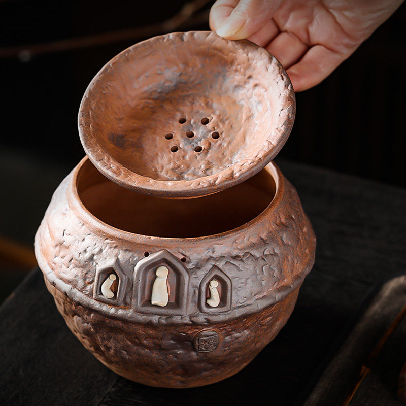 洞藏楼 粗陶建水 中号茶具配件茶渣筒小茶缸茶盂半工日式茶洗带盖