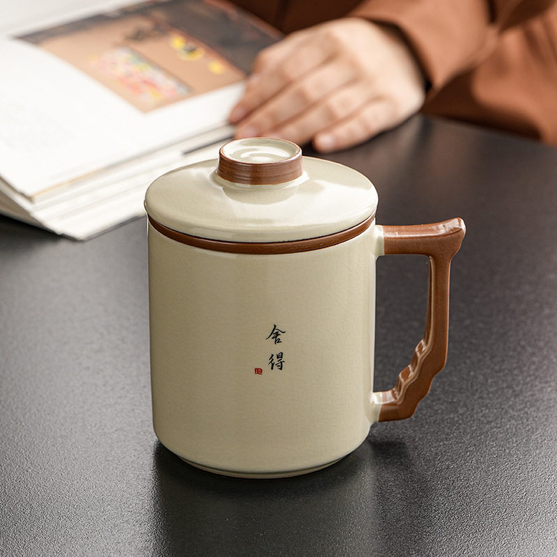 汝窑办公杯茶水分离大容量茶杯带盖陶瓷功夫茶具办公室定制泡茶