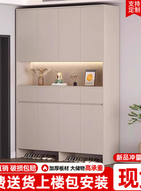 实木鞋柜家用门口大容量门厅柜新款奶油风定制一体靠墙入户玄关柜