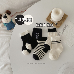 儿童袜子秋冬款黑白简约宝宝中筒袜男童女童学院风运动袜春秋条纹