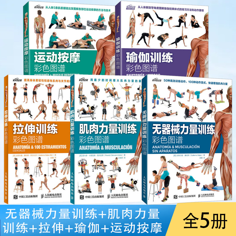 无器械力量训练+肌肉力量训练+拉伸训练+运动按摩+瑜伽训练 全5册健身体能肌肉训练学指导书书籍体能塑身健美减肥体育运动力量训练