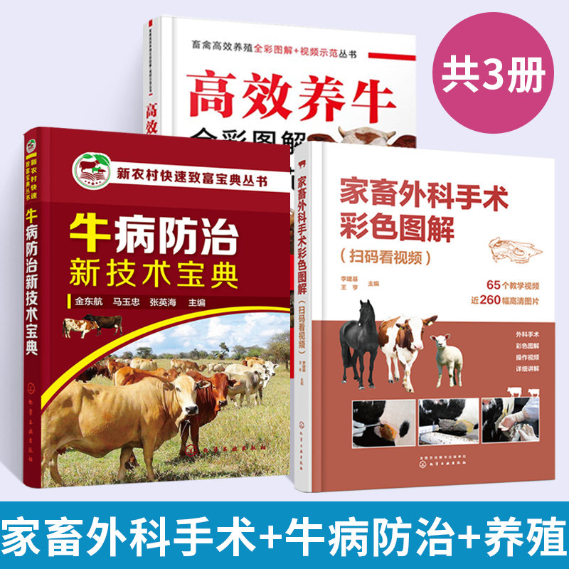 【全3册】家畜外科手术彩色图解 扫码看视频+牛病防治新技术宝典+高效养牛全彩图解+视频示范 李建基 视频解说家畜外科手术 常见