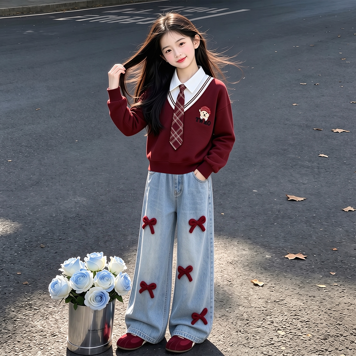 女童2026冬款套装中大童秋装卫衣牛仔裤加绒加厚两件套洋气套装潮