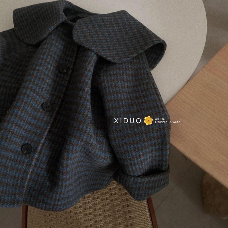 女童格子春秋装韩国童装羊毛呢子儿童翻领休闲短款海军领外套