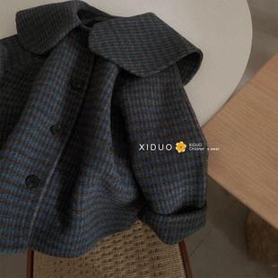 女童格子春秋装韩国童装羊毛呢子儿童翻领休闲短款海军领外套
