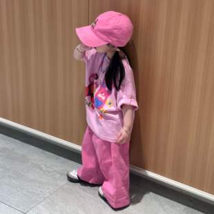 女童韩版粉色套装春季2026新款儿童洋气卡通粉色t恤女宝宝阔腿裤
