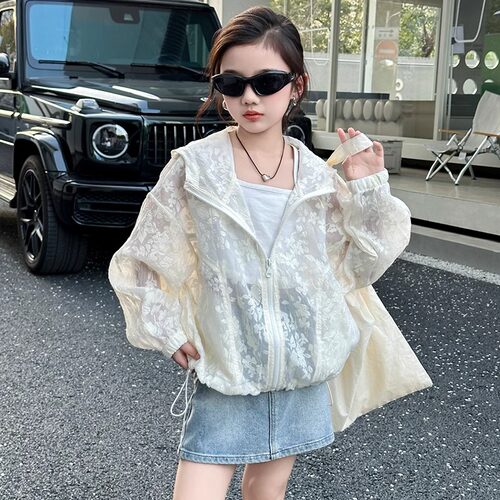 女童夏季连帽蕾丝透气防晒衣
