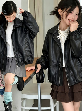 女童黑色皮衣外套春秋2026新款