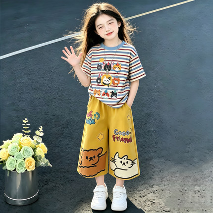 女童夏季套装中大童韩系条纹印花短袖T恤甜酷风卡通七分阔腿裤潮