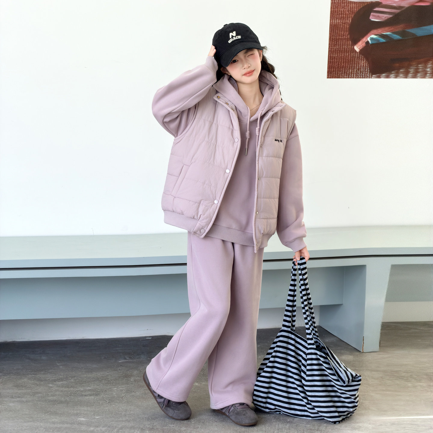 女童秋冬装加绒加厚运动套装网红中大童洋气女童棉衣马甲三件套潮