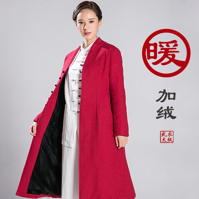 武农春季新款大衣 女士中国风古装加绒厚款棉袄提花麻棉风衣外套