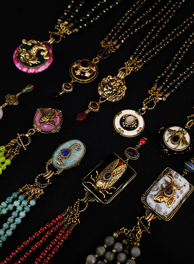 欧洲vintage中古立体浮雕蜜蜂天然石玛瑙项链复古宫廷风毛衣链女