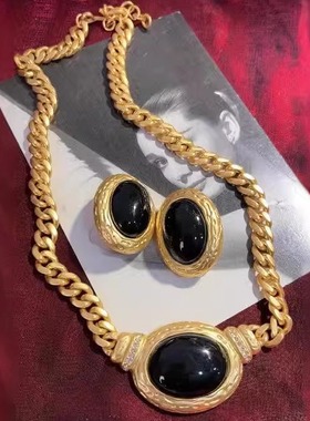 中古vintage复古董宫廷风黑色琉璃项链耳夹套装雾金属链条锁骨链