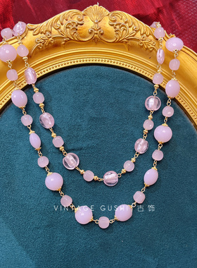 中古vintage法式小众设计复古粉色琉璃双层项链甜美百搭锁骨链女