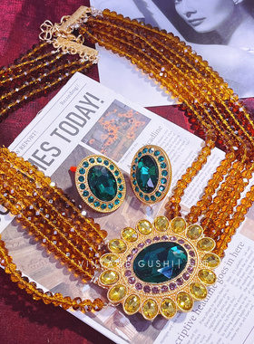 中古vintage复古宫廷风莱茵石太阳花水晶多层项链耳钉套装锁骨链