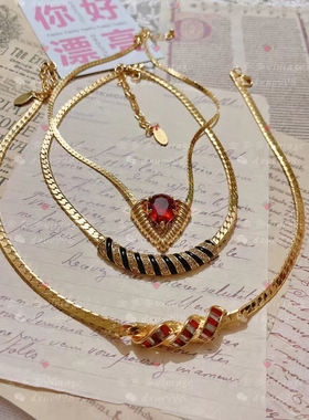 中古vintage铜镀金复古黑金珐琅釉微镶项链小众红色爱心锁骨链女