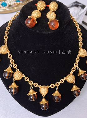 中古Vintage法式复古宫廷镀真金琉璃吊坠链条项链耳环流苏锁骨链