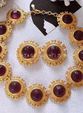 中古Vintage哑光雾金圆形重工果冻琉璃项链耳夹复古夸张锁骨链女