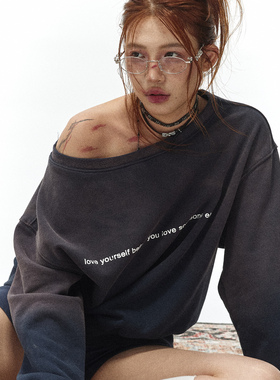 [GINGER]Babefish onze原创设计重磅斜肩加绒破坏做旧一字肩卫衣