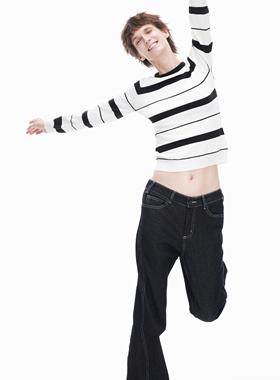 [GINGER]ARTIFICIAL WORLD黑白条纹圆领羊毛上衣长袖针织打底衫