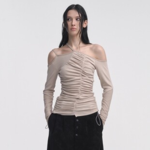 [GINGER]Muirgen新款抽褶拼接绑带内搭露肩艺术长袖弹力针织衫