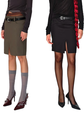 [GINGER]UNDULATE CO都市宽耳仔前开衩西装半裙 包臀裙 黑色/灰绿