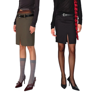 CO都市宽耳仔前开衩西装 UNDULATE 半裙 包臀裙 灰绿 黑色 GINGER