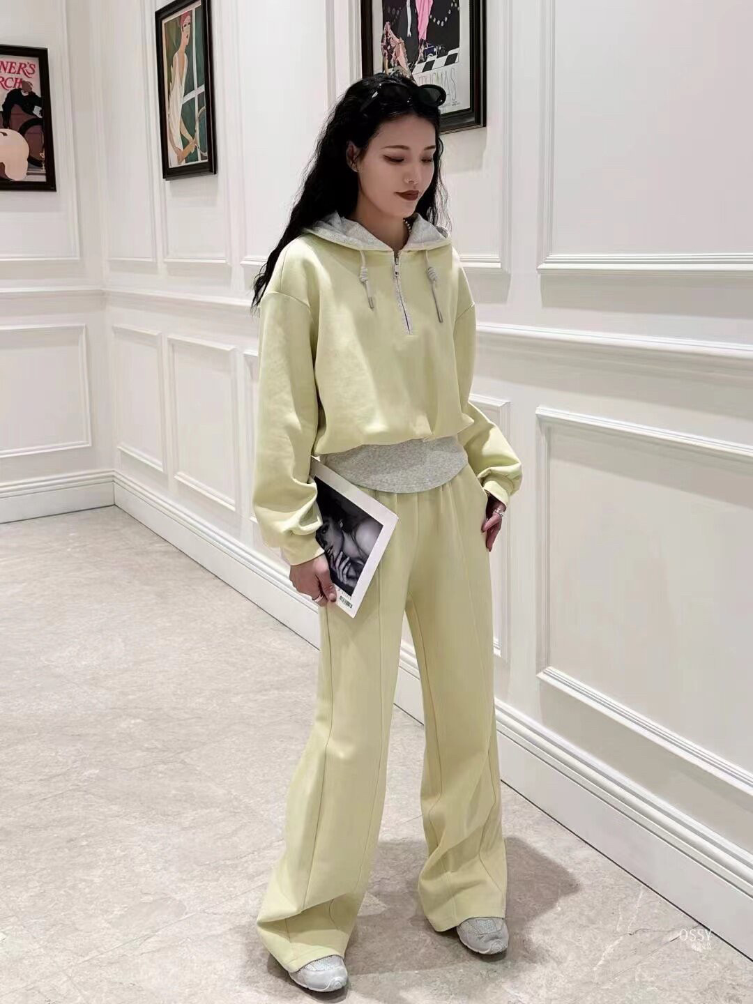 欧洲站2025春新Z.C显瘦连帽半拉链拼色卫衣+直筒休闲裤两件套装女