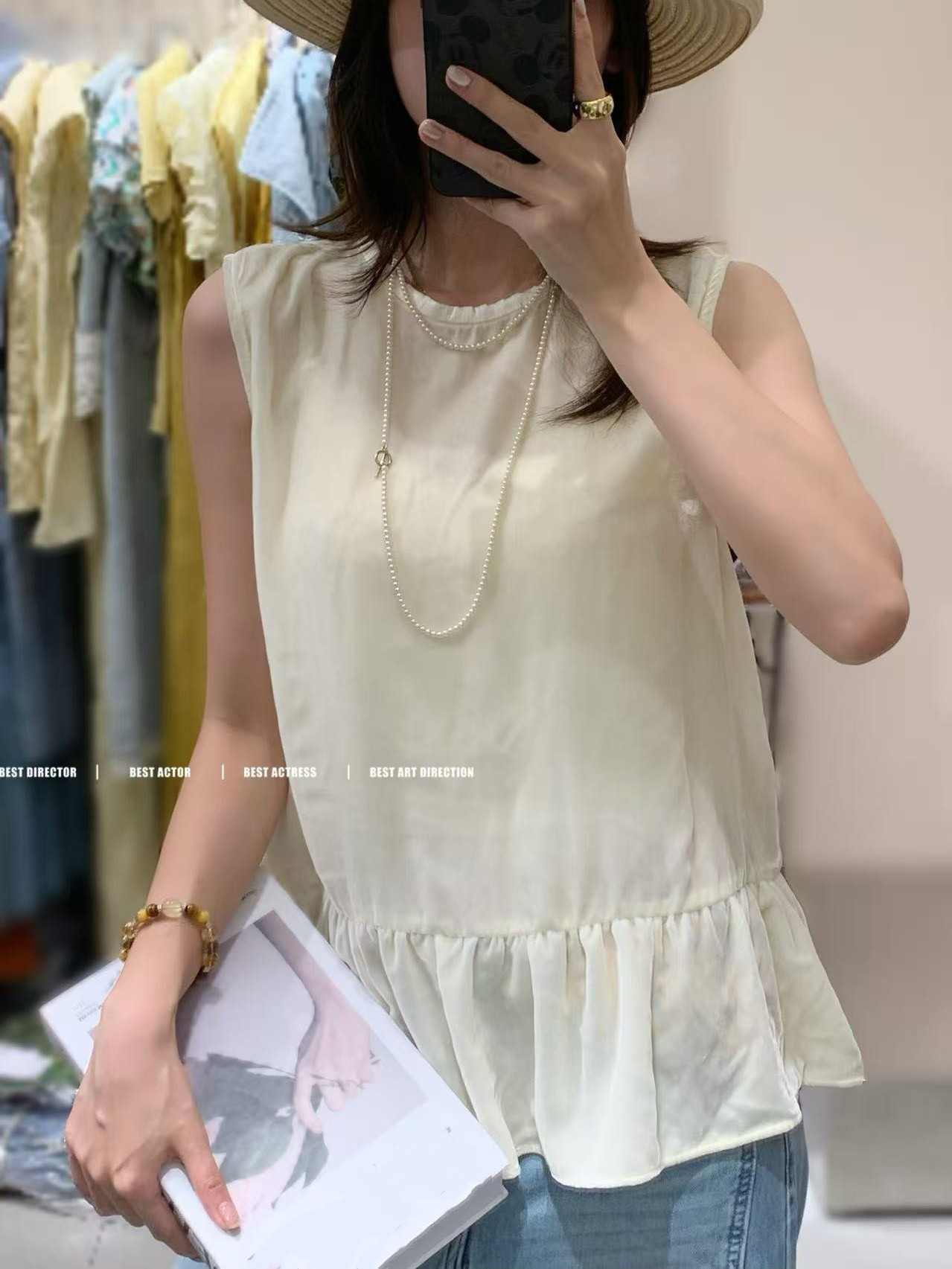 欧洲站2025夏V+.COM显瘦圆领无袖荷叶边桑蚕丝丝绒背心女时尚上衣