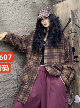 2026春上新棉料大衬衫格子宽松百搭单排扣连帽复古上衣6607