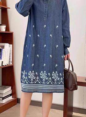 2024秋季新款半开扣文艺刺绣宽松显瘦复古韩版柔软牛仔衬衫裙女