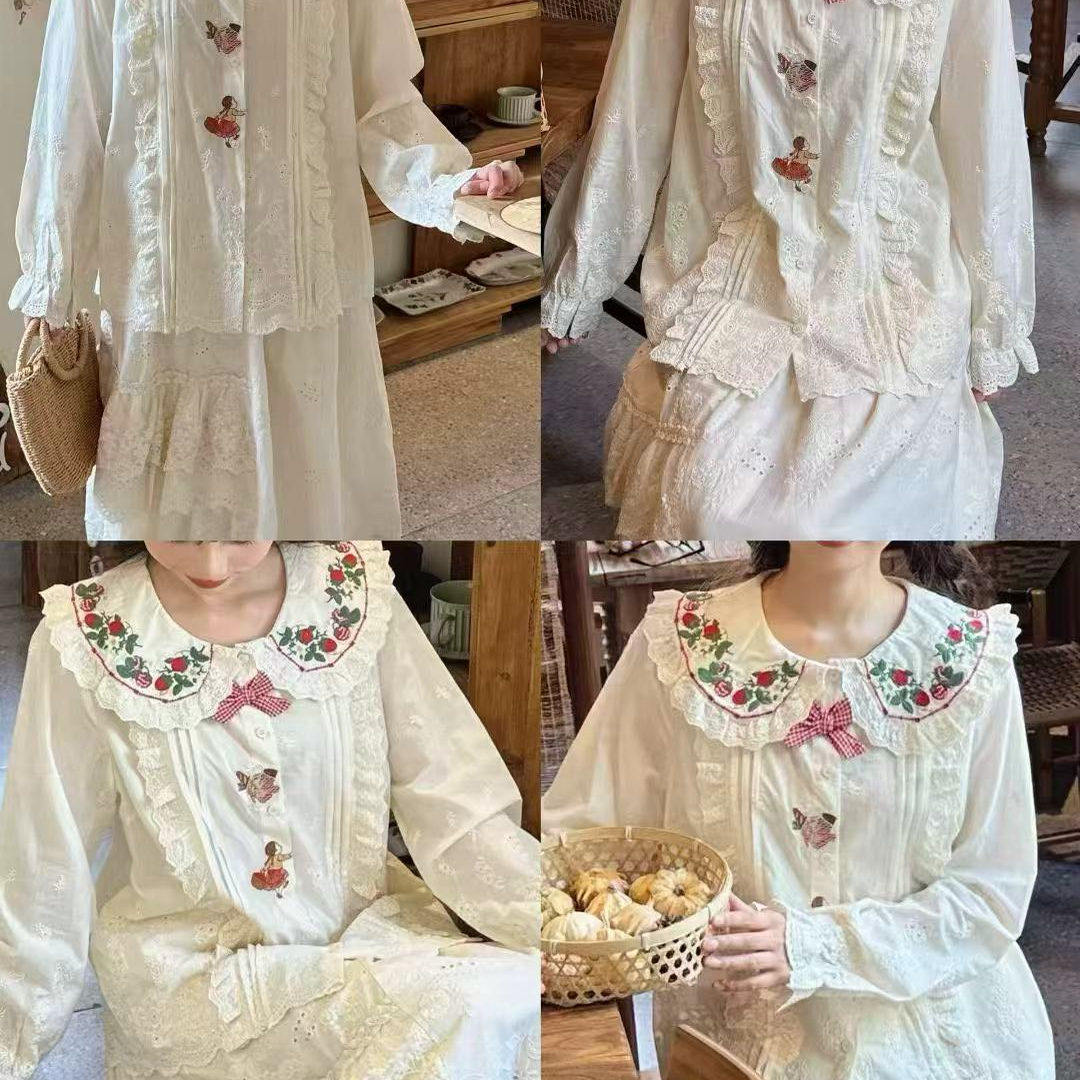 花边领单排扣宽松长袖衬衫衬衣