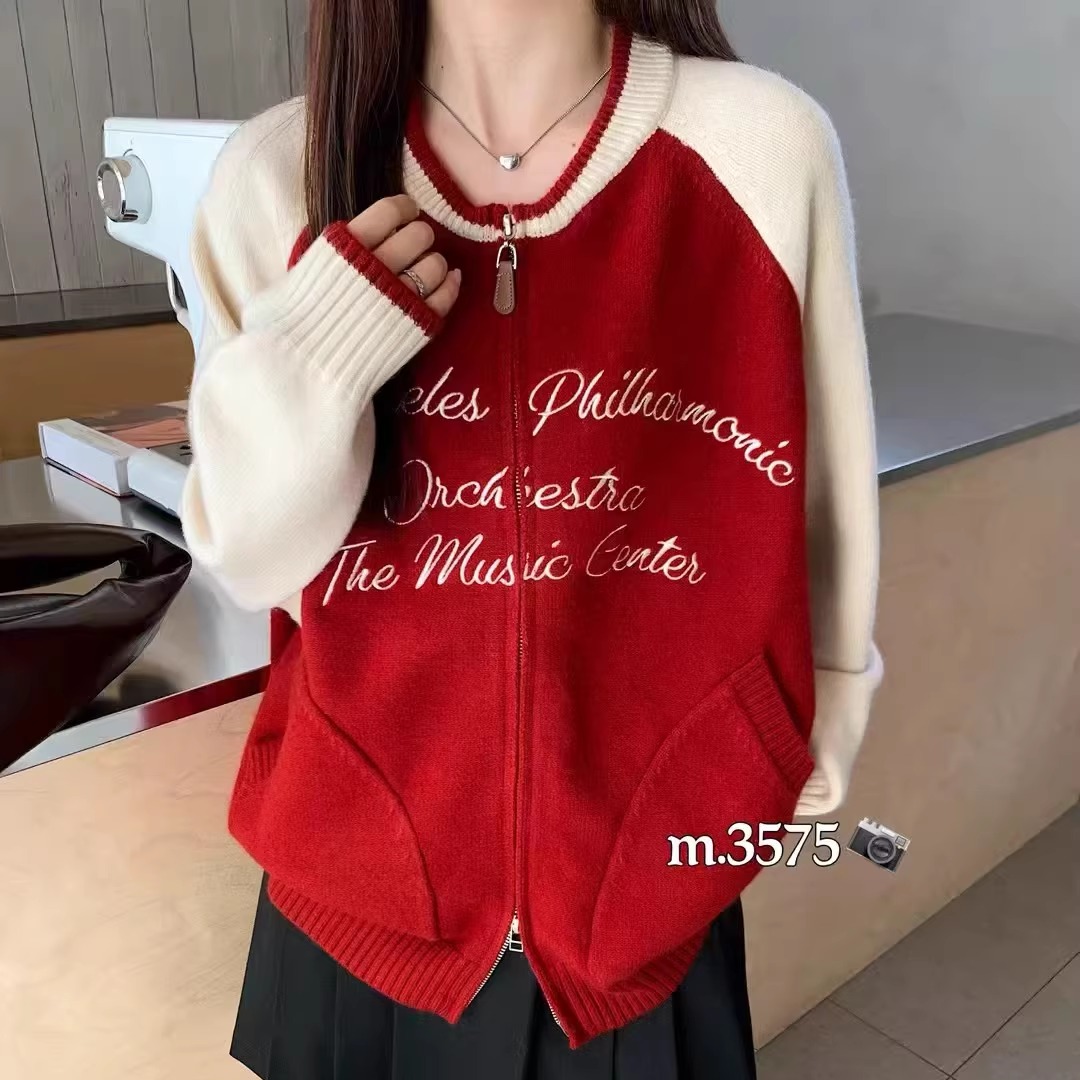 圆领双拉链字母刺绣双口袋插肩袖线衫女2025秋季针织衫3575
