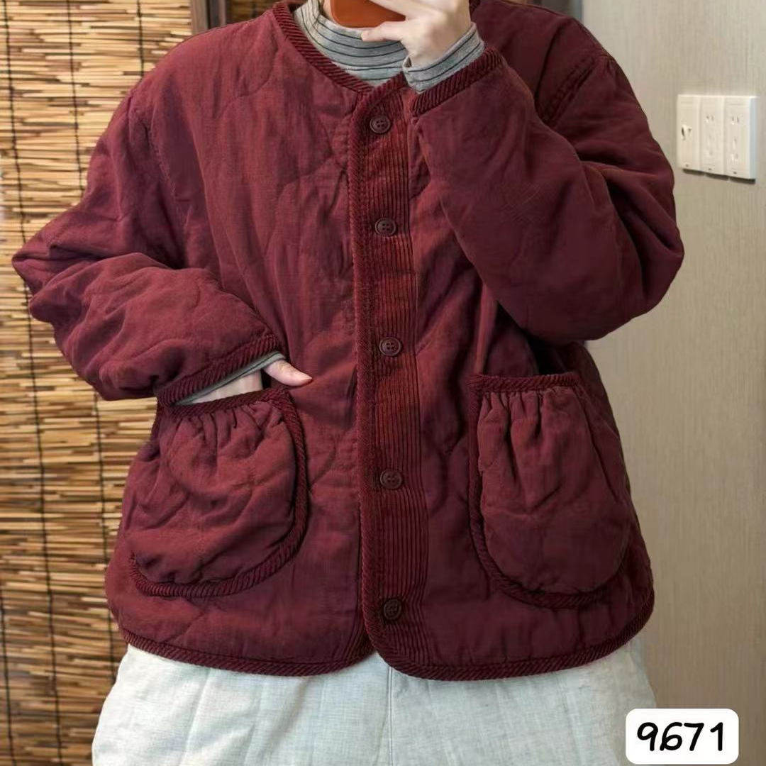 2025文艺复古亚麻加棉圆领棉服女