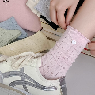 袜子女中筒袜春秋新款 镂空网眼纽扣蝴蝶结外穿长袜百搭纯色系棉袜