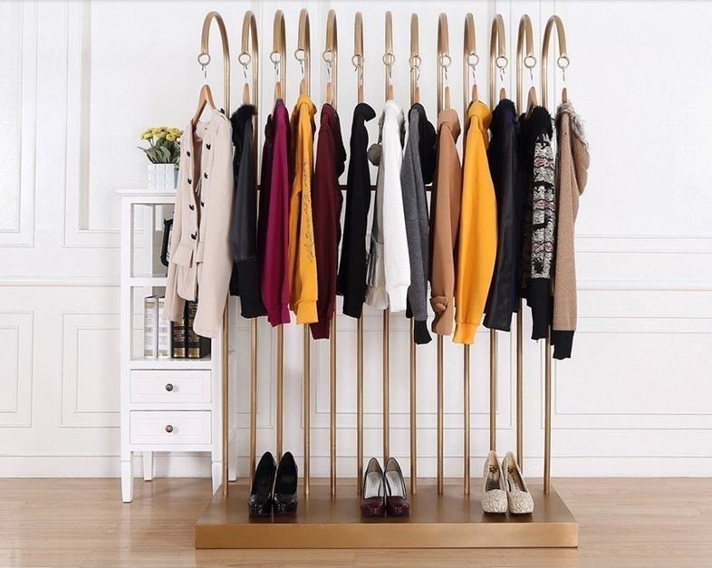 欧式铁艺服装店展示架靠墙落地式男女装侧挂衣架陈列货架子金色