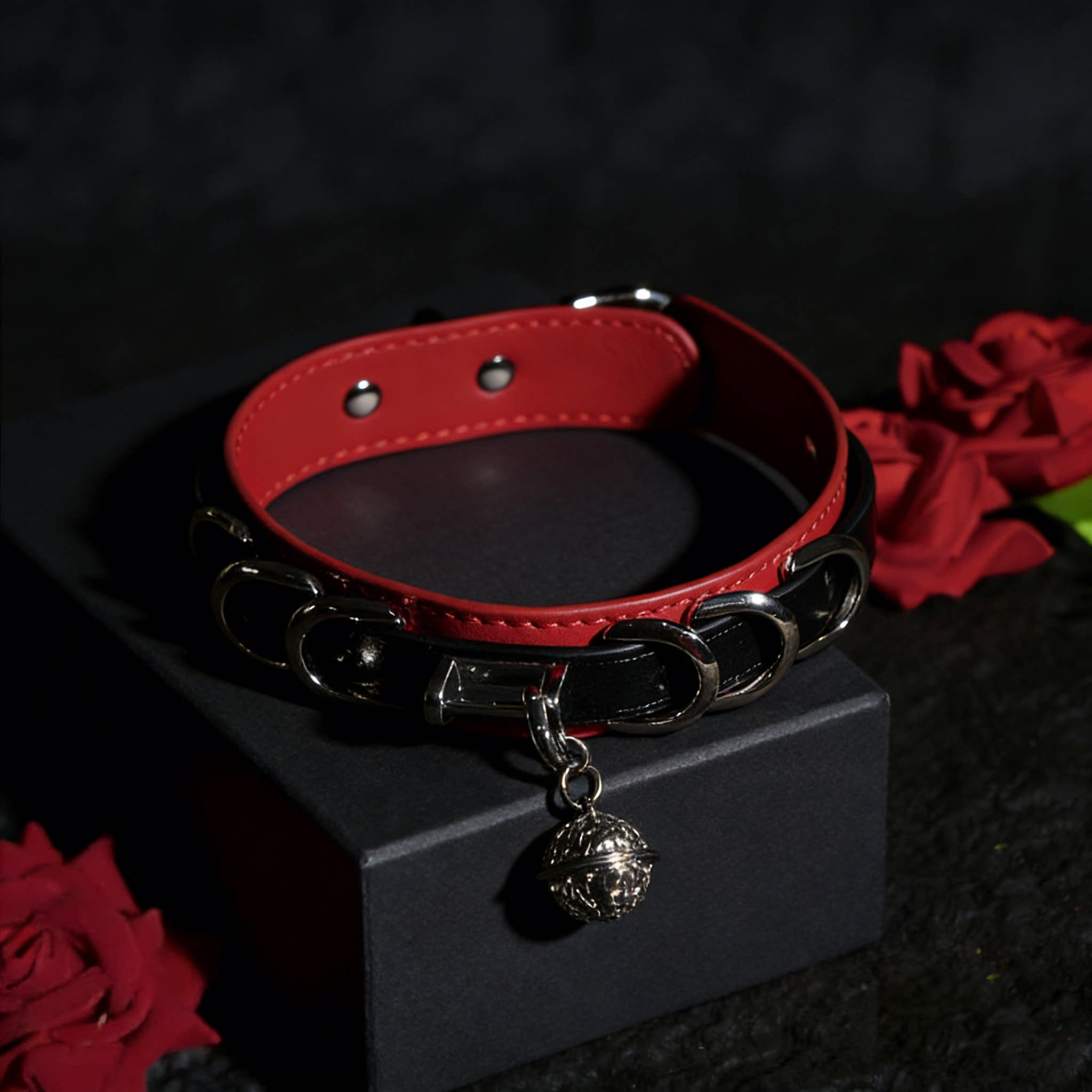 复古红黑撞色牛皮项圈铃铛甜酷风小众设计choker情侣配饰定制刻字