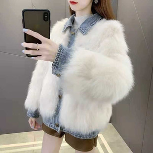 野兽小姐皮草外套女短款牛仔拼接显瘦一体毛毛外套慵懒时尚机车